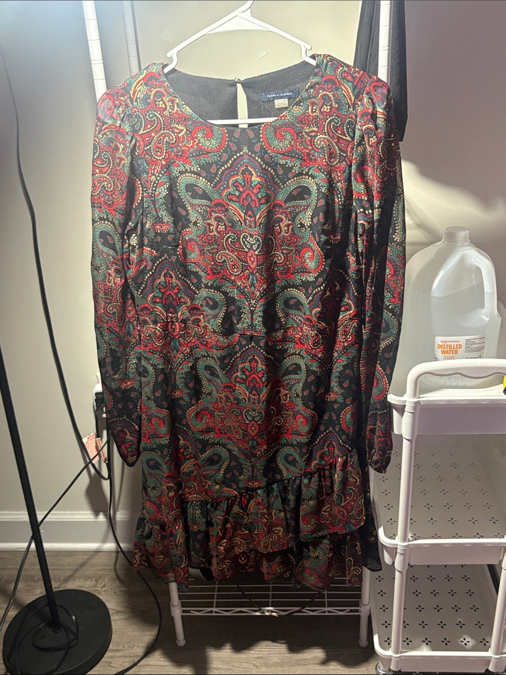 Tommy Hilfiger Paisley Long-Sleeve Ruffle-Hem Dress - Black, Red, Green